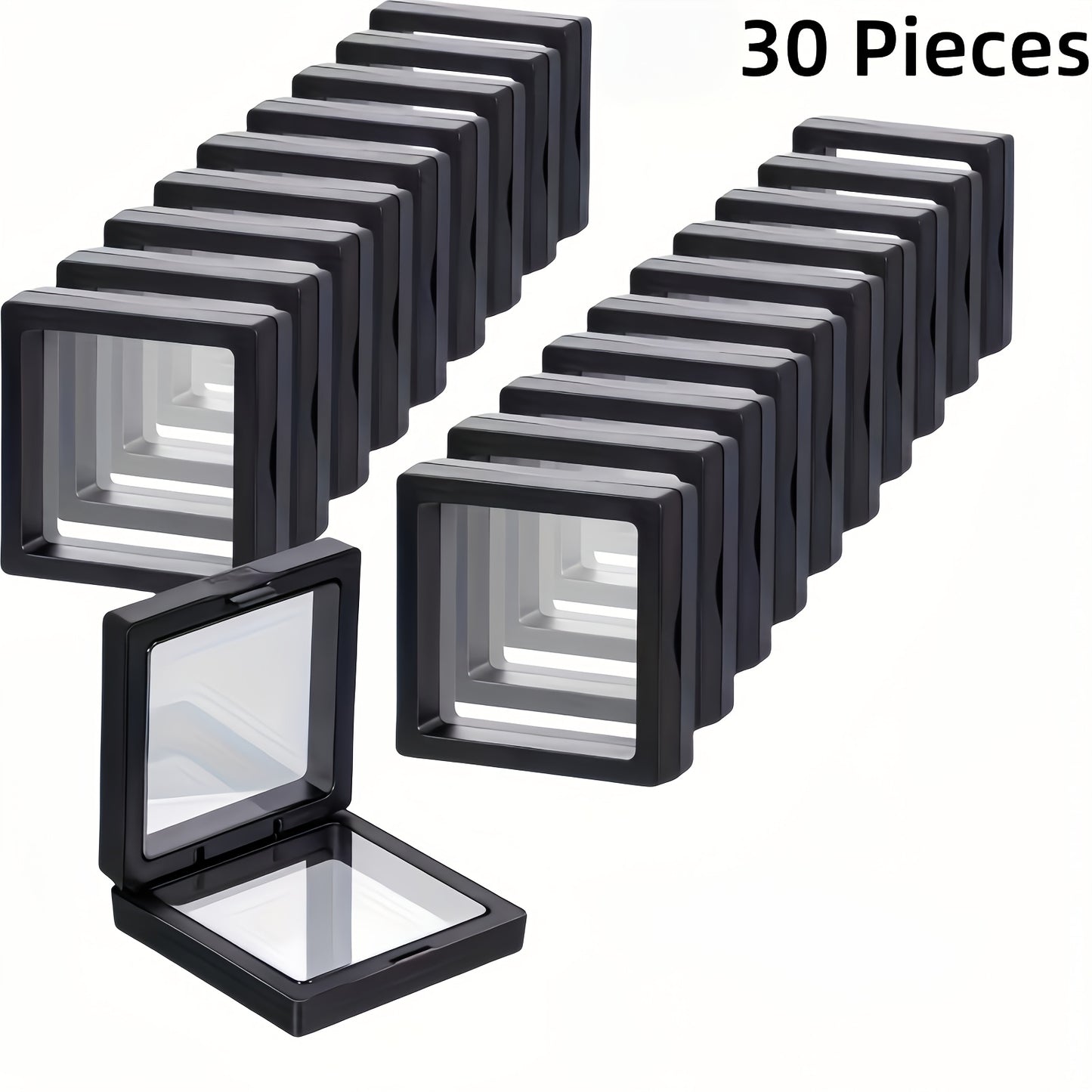 3D Floating Jewelry Display Box Bulk Set | Black Plastic Frame Clear Acrylic Panel Fabric-Lined Organizer for Jewelry Coins Collectibles – Secure Clasp Closure – 30 or 60 Pieces