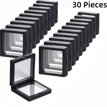 3D Floating Jewelry Display Box Bulk Set | Black Plastic Frame Clear Acrylic Panel Fabric-Lined Organizer for Jewelry Coins Collectibles – Secure Clasp Closure – 30 or 60 Pieces