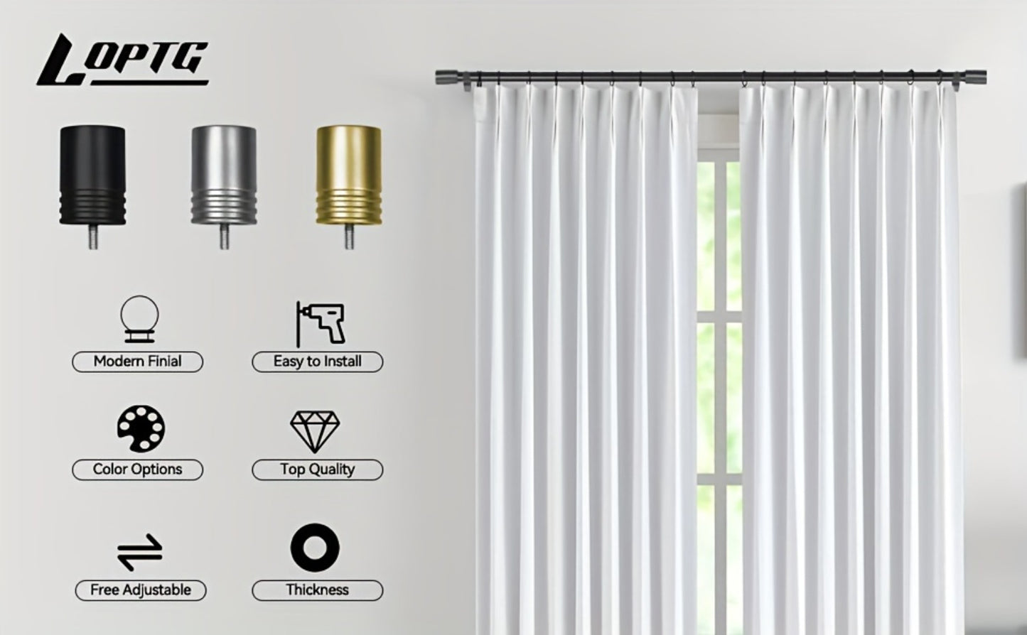 Adjustable Curtain Rods for Windows 1 Inch Diameter – Modern Decorative Drapery Rod with End Finials, 18"-45" to 36"-120" | Black, Brushed Nickel & Gold Finish