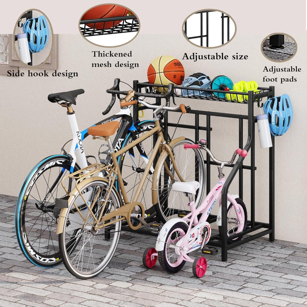 Freestanding Bike Storage Stand with Basket & Hooks – Adjustable Floor Rack for 3-4 Bikes, Indoor Outdoor Garage Organizer