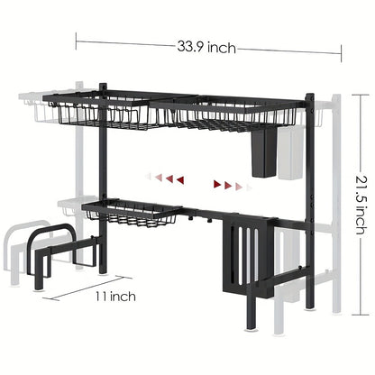 Over-the-Sink Dish Drying Rack Expandable 2-Tier 304 Stainless Steel Adjustable 30-34 Inch with Utensil Holder Knife Holder Cutting Board Holder and 5 Hooks for Kitchen