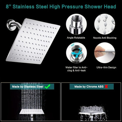 Rainfall Handheld Shower Combo 9-Setting – High Pressure 11" Extension Arm Leak-Proof Wall Mount 8 10 12 Inch Chrome Black