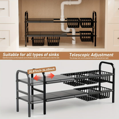 Expandable Under Sink Organizer 2-Tier Cabinet Shelf with 5 Removable Panels & 5 Baskets, Adjustable Under Sink Storage Rack for Kitchen Bathroom Cabinet Organization