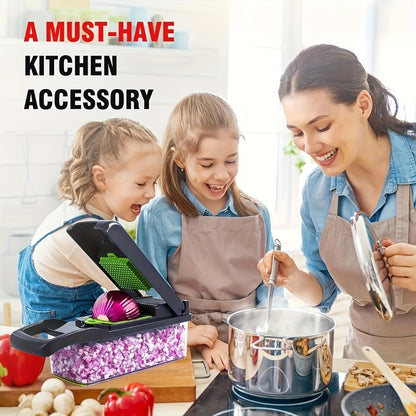 Vegetable Chopper 16-in-1 Manual Food Chopper Set – 8 Interchangeable Blades with Container, Grater & Strainer – Professional Onion Slicer & Dicer for Carrots, Garlic & Salad Kitchen Prep
