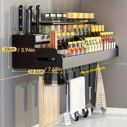 Kitchen Wall Mounted Storage Rack Double Layer – No-Drill Organizer with Knife Slots, Chopstick Holder & Towel Bar, Space-Saving Floating Shelf for Kitchen Counter, 19.69 Inch (Black)