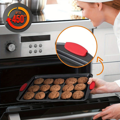 Carbon Steel Nonstick Baking Pan Set 3 or 9pcs Commercial Grade Restaurant Quality Nonstick Inside and Outside Oven Baking Pan with Red Silicone Handle Gray