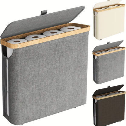 Toilet Paper Storage Basket with Bamboo Lid – Large Capacity Holds 9-12 Rolls | 600D Oxford Cloth Dustproof Bathroom Organizer | Modern Farmhouse Tissue Roll Holder for Bathroom