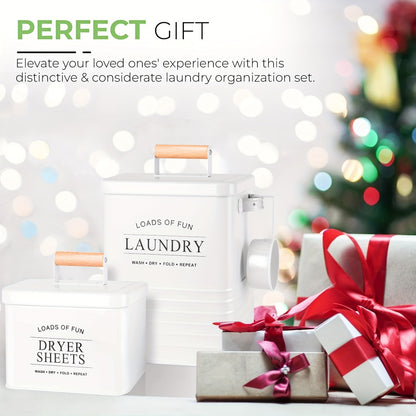 Laundry Pod Container & Dryer Sheet Holder Set with Scoop – Metal Farmhouse Laundry Room Organizer, Detergent Dispenser & Soap Storage