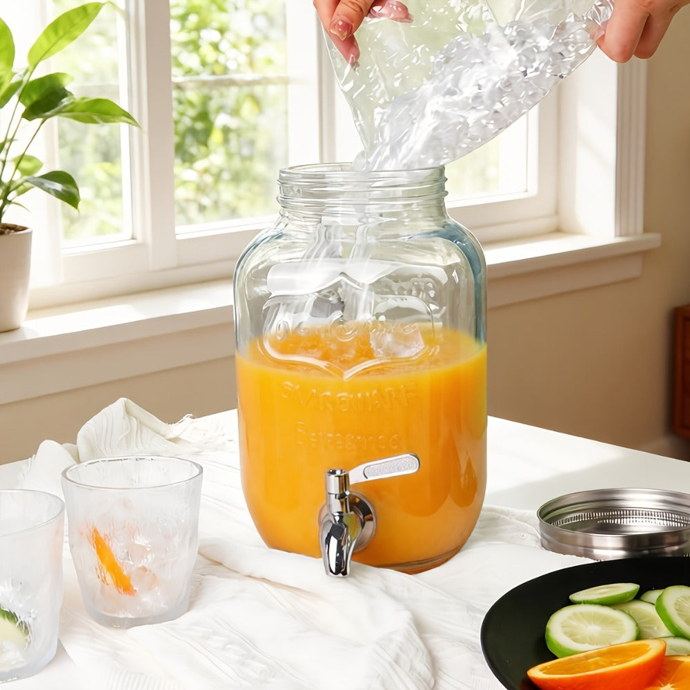 Glass Drink Dispenser with Fruit Infuser, Ice Cylinder & Stainless Steel Spigot – 1 Gallon Beverage Dispenser with Stand for Parties, Weddings, BBQ & Lemonade