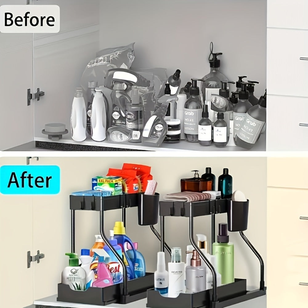 Under Sink Organizer 2-Tier Sliding Cabinet Basket with Hooks – Adjustable Bathroom Kitchen Shelf Storage Rack for Cabinets