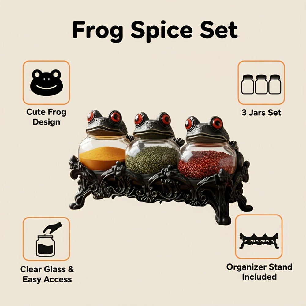 Gothic Witch Frog Spice Jars Set of 3 with Engraved Bases & Spoon – Vintage Pharmacist Jars with Frog Lids for Dark Kitchen Decor, Halloween Herb Storage