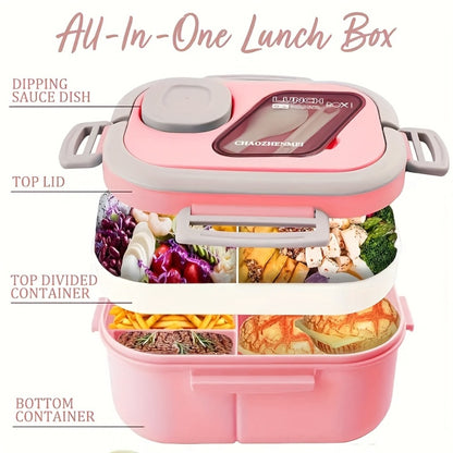 Bento Box 2-Layer with Multiple Compartments - Complete Set with Cup Bag Cutlery and Sauce Box, Microwave Safe Lunch Box for School Work and Outdoor Meals, Leak Proof Temperature Retentive Food Container Available in White Pink and Blue
