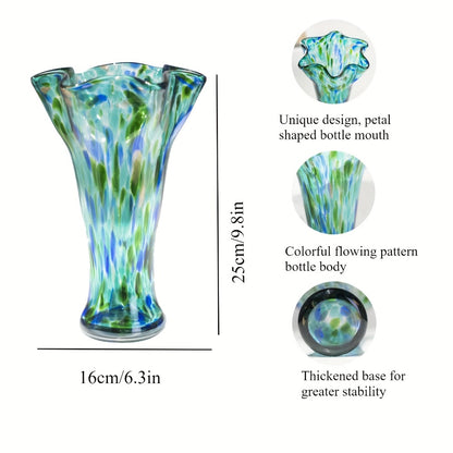 Hand Blown Glass Vase Colorful Wide Mouth, Teal Green Art Glass Flower Vase for Fresh Flowers & Spring Arrangements, Decorative Centerpiece for Bookshelf, Dining Table, Bedroom & Living Room