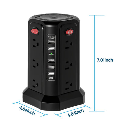 Surge Protector Power Strip Tower with 12 AC Outlets 5 USB Ports 8.8FT Extension Cord Night Light 4 Individual Switches Overload Protection for Home Office Desk Dorm Room