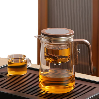 Glass Teapot with Infuser & Wooden Handle – Borosilicate Tea Kettle, One-Button Tea-Water Separation, Drip-Free Spout, 27oz for Loose Leaf & Blooming Tea, Holiday Gift for Men & Women