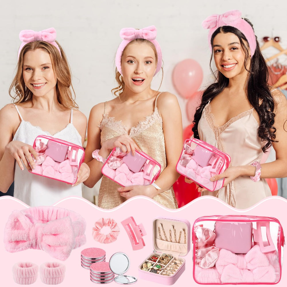 Spa Party Favors Set 48pcs for Women – Sleepover Party Supplies with Headband, Wristband, Scrunchies, Hair Clip, Jewelry Case, Makeup Bag & Mirror, Bridesmaid Proposal Gift, Girls Night Return Gifts