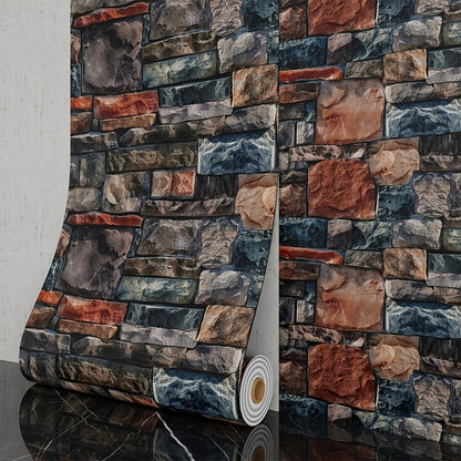 3D Brick Foam Wallpaper Self Adhesive Peel and Stick Wall Panels Waterproof PVC Rustic Brick Pattern Home Bathroom Kitchen Wall Decor Blue Brown Red 17.5in Wide