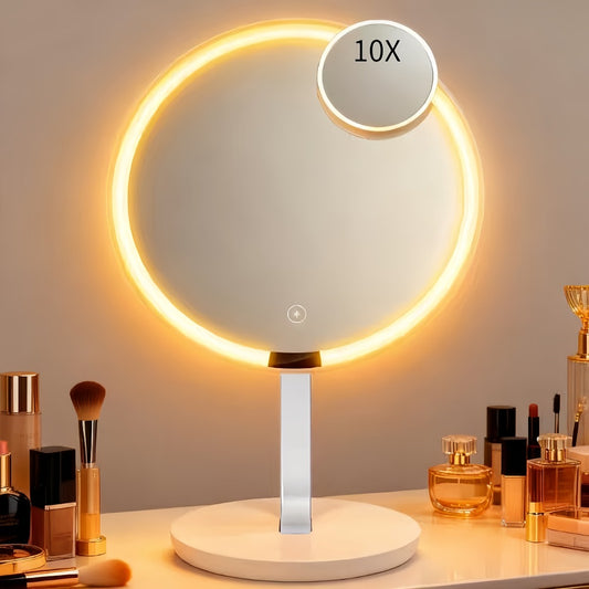 LED Makeup Mirror with Lights & 10X Magnification - Touch Dimming Desktop Vanity Mirror, Adjustable Brightness, Portable Handheld Design for Bathroom, Bedroom & Office, Ideal Gift for Women