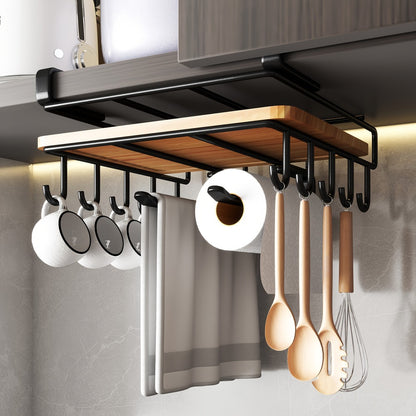 Under Cabinet Organizer Rack with Hooks – Heavy Duty Carbon Steel Kitchen Shelf for Utensils, Towels, Cups & Cutting Boards – No-Drill Door-Mount Space-Saving Kitchen Storage