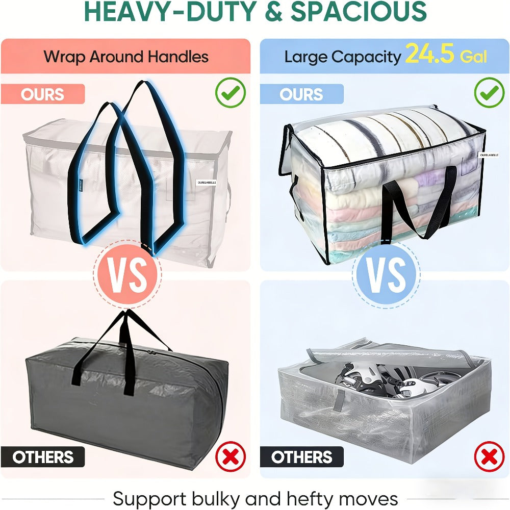 Heavy-Duty Moving Bags Set of 6 – Oversized Storage Totes with Reinforced Handles & Snap-Close Lid, Space Saver Bags for Clothes, Quilts & Moving Supplies, Transparent