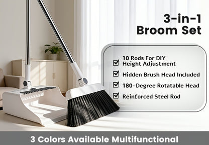 Broom and Dustpan Set 3-in-1 with Wiper - Non-Stick Hair Sweeper Household Floor Broom Combo for Indoor Outdoor Use - Ergonomic Handle Dustpan Broom Kit for Home Kitchen Office - White Pink Gray
