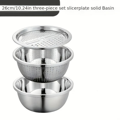 Stainless Steel 3-in-1 Kitchen Prep Set with Mixing Bowl Built-In Grinder Multi-Layer Slicer and Drainage System Food Safe Prep Bowl for Fruits Vegetables Cheese