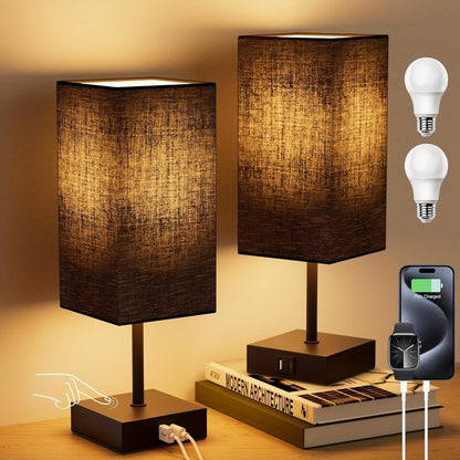 Bedside Lamps Set of 2 3-Way Dimmable Touch Nightstand Lamp USB-C A Charging Port LED Bulb Included Bedroom Living Room Decor Navy Blue Black Brown