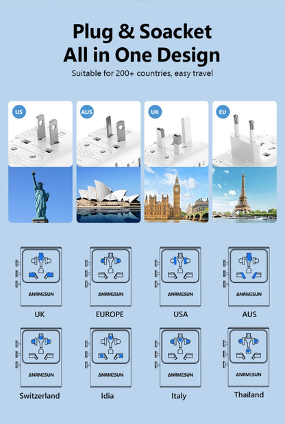 65W Universal Travel Adapter with 4 USB Ports - 2 USB-C & 2 USB-A Fast Charging, US EU UK AU Plugs, 100-240V Input, Overload & Short Circuit Protection, 200+ Countries, White & Black