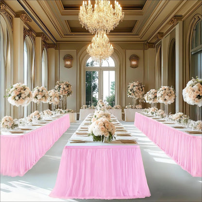 Pink Tutu Table Skirt 6ft – Ruffle Tulle Table Skirt for Rectangle & Round Tables, Princess Girls Birthday Party, Cake Dessert Table Decor, Gold Brim, Multiple Colors Available