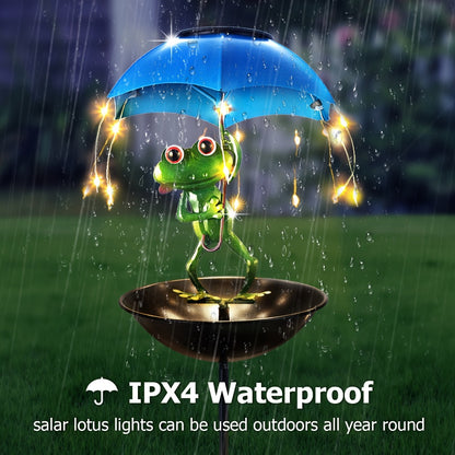 Solar Garden Decor Frog with Umbrella LED Light – Iron Frog Outdoor Statue with Solar Powered LED | Bird Feeder Garden Ornament for Patio, Lawn, Pathway & Deck | Unique Valentine Gift Yard Decoration