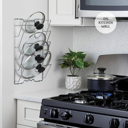 Pot Lid Organizer Wall Mounted Metal Rack | Multi-Level Hanging Pot and Lid Holder for Kitchen Storage | Space Saving Cabinet Door or Wall Mount Cookware Organizer for Home & Restaurant