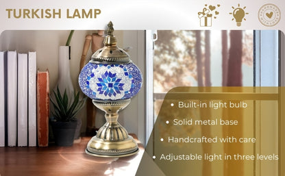 Turkish Moroccan Mosaic Table Lamp Handmade Crystal Glass Spherical Shade 3-Color Adjustable Bedside Night Light Metal Base Bulb Included for Bedroom Living Room Boho Home Decor Gift