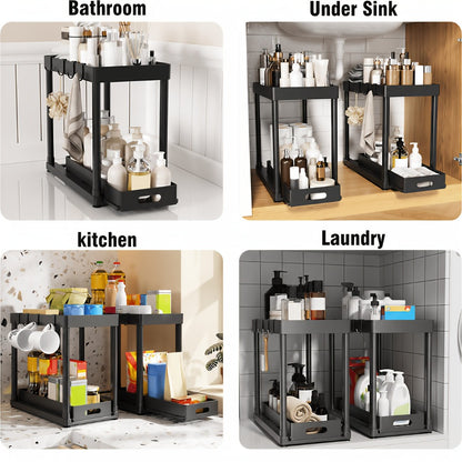 Under Sink Organizer 2pcs Double Tier Sliding Storage Basket with 8 Hooks – Kitchen Bathroom Cabinet Rack Shelf