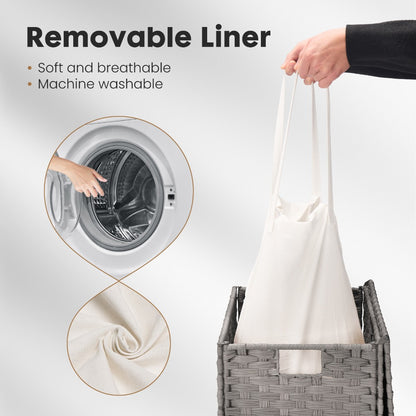 Laundry Hamper with Lid Large Capacity Woven Rattan Storage Basket, Collapsible Clothes Hamper with Handles & Removable Liner, Foldable Breathable Wicker Basket for Bedroom Home Dorm, 2 Sizes