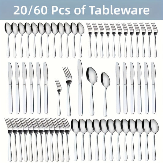 Stainless Steel Silverware Set 20 or 60 Piece – Heavy Duty Commercial Grade, Dishwasher Safe, Rust-Proof & Non-Toxic Bulk Kitchen Tableware with Gift Box for Restaurant, Wedding & Home