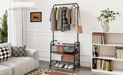 Rolling Laundry Basket with Wheels and Hanging Rack, Laundry Sorter Cart with Shelf and Locking Casters, Heavy Duty Steel Frame, Multifunctional Clothes Hamper for Laundry Room Bedroom Bathroom, White Black Silver