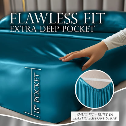 Satin Sheet Set 4 Piece Luxury Silky Smooth Soft Microfiber 15 Inch Deep Pocket Good for Hair Skin Double Stitching Wrinkle Free Twin Full Queen King