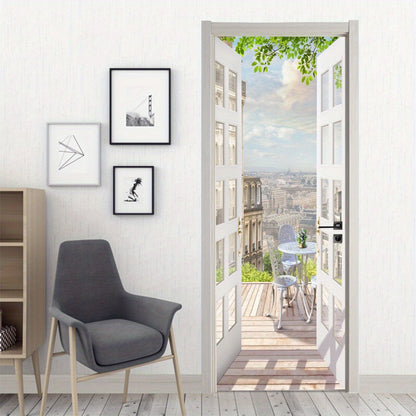 Door Sticker Balcony Scenery Wall Mural – Removable Waterproof Peel & Stick Large Wall Art for Bedroom & Living Room, Faux Window View Home Decor, 35.43 x 78.74 Inches