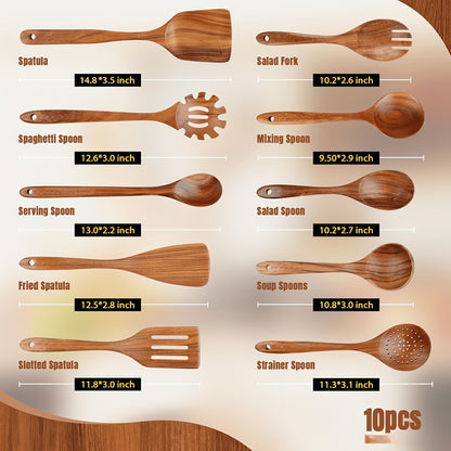 Wooden Kitchen Utensil Set 10 Piece - Nonstick Safe Cooking Spoons, Ergonomic Handle, Heat Resistant Wood Kitchen Tools, Natural Bamboo Utensils for Pots and Pans