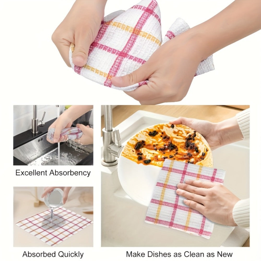 Kitchen Dish Cloths Set 12 Pcs – Super Absorbent Waffle Weave Dishwashing & Scrubbing Towels, Christmas Holiday Plaid Pattern, Assorted Colors, 12x12 Inch Reusable Cleaning Cloths