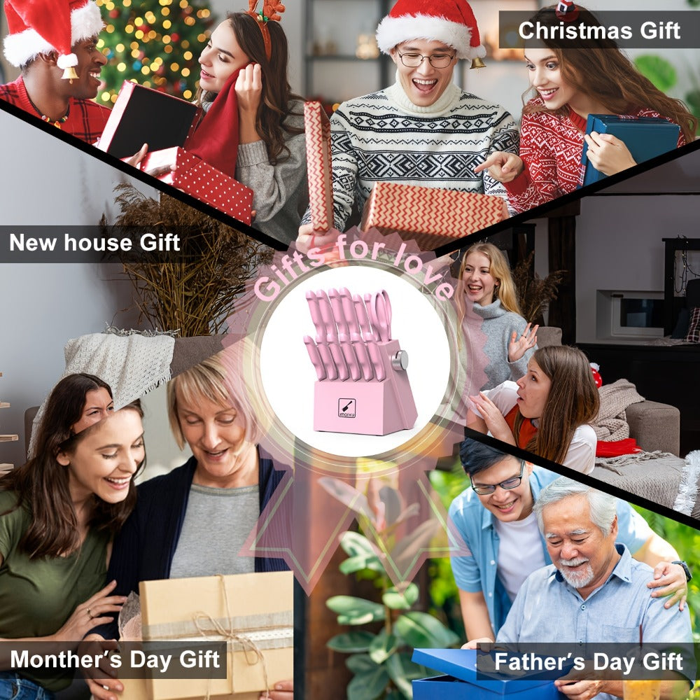 Knife Block Set 14 Piece Pink – Japanese Stainless Steel Kitchen Knife Set with Built-in Sharpener, Non-Slip Ergonomic Handles, Dishwasher Safe, Perfect Holiday & Housewarming Gift for Women