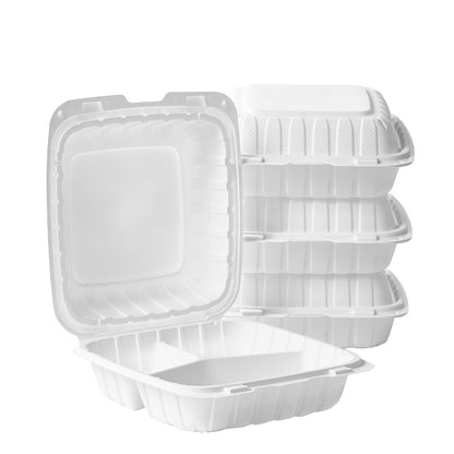 Disposable Food Containers Take Out Boxes with Lids - 7" 8" 9" Plastic Clamshell Meal Prep Containers BPA Free 1 & 3 Compartment Heavy Duty Reusable White