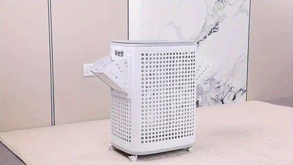 Wheeled Laundry Hamper Large Foldable with Dividers & Dust-Proof Lid – 360° Breathable Mesh Basket on Wheels, Reinforced Steel Base, Portable Clothes Organizer for Bedroom, Bathroom & Dorm