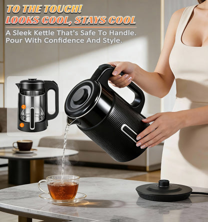 Electric Kettle 1000W Double Wall Stainless Steel – 57.48oz 304 SS Hot Water Kettle with 360° Rotary Base, LED Light, Auto Shut-Off & Boil-Dry Protection, Instant Water Warmer for Coffee & Tea – Black