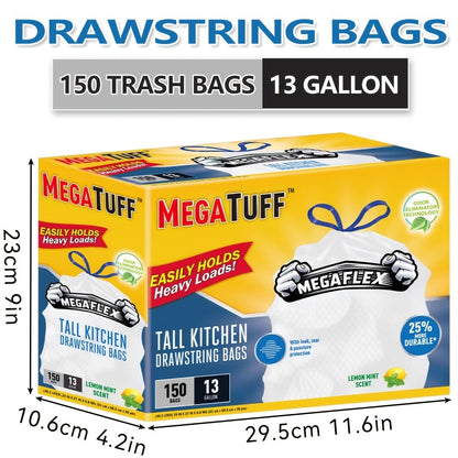 Drawstring Trash Bags 13 Gallon, 150 Count Tall Kitchen Garbage Bags, Puncture & Tear Resistant, Odor Eliminator Technology, Lemon Mint Fresh Scent, Disposable Drawstring Waste Bags for Kitchen Bathroom Office