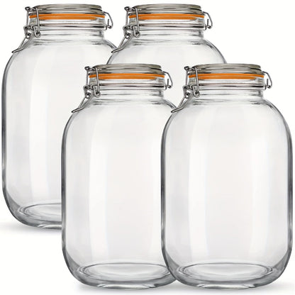 1 Gallon Glass Mason Jars with Hinged Airtight Lids 4 Pack - Wide Mouth Rectangular Freezer Safe Containers with Silicone Gaskets for Fermenting Canning Preserving Pantry and Kitchen Storage