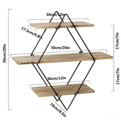 Geometric Diamond Wall Shelf 3-Tier Metal Wire & Wood Floating Shelves | Industrial Style Display Shelf for Living Room Kitchen Bedroom