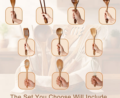 Wooden Kitchen Utensils Set 3/5/7Pcs – Natural Wood Spoons, Spurtle, Ladle & Wok Spatulas for Non-Stick Pans | Heat Resistant, Ergonomic Handle, Easy to Clean