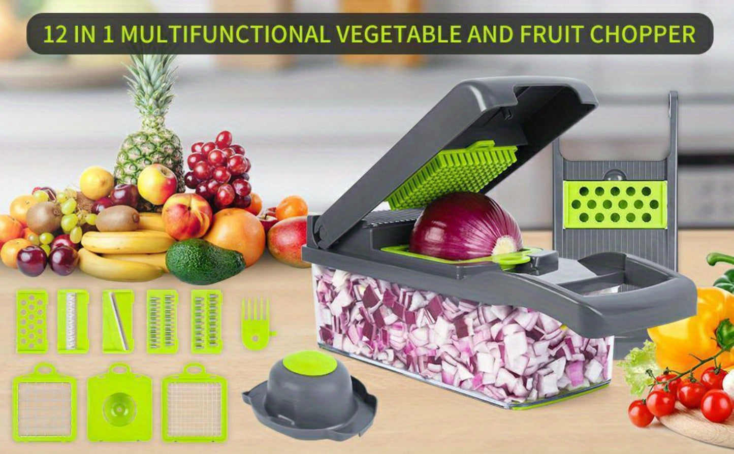 Vegetable Chopper 16-in-1 Manual Food Chopper Set – 8 Interchangeable Blades with Container, Grater & Strainer – Professional Onion Slicer & Dicer for Carrots, Garlic & Salad Kitchen Prep