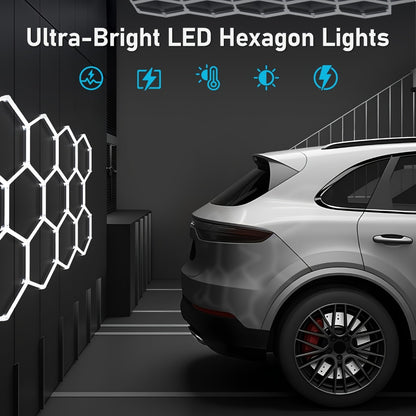 LED Hexagonal Garage Light 6500K – Super Bright Daylight White Shop Light 42W–620W for Auto Detailing, Warehouse, Workshop, Basement & Gym (1 to 32 Grids, Hex Frame Available)